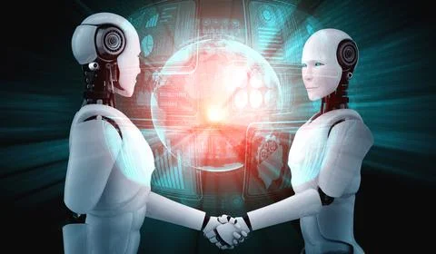 3D rendering humanoid robot handshake to collaborate future technology Stock Illustration