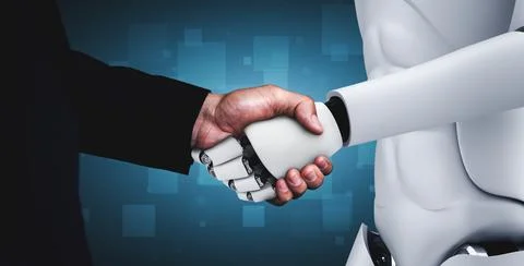 3D rendering humanoid robot handshake to collaborate future technology Stock Illustration