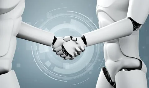 3D rendering humanoid robot handshake to collaborate future technology Stock Illustration