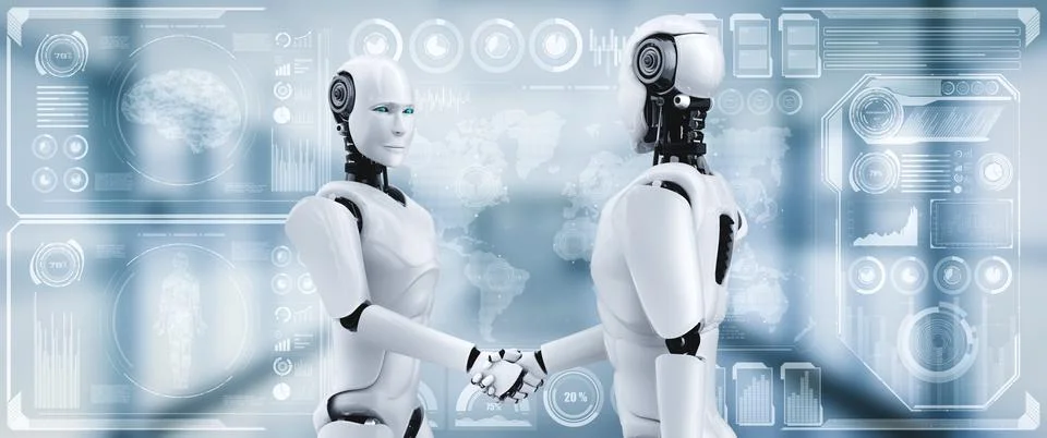 3D rendering humanoid robot handshake to collaborate future technology Stock Illustration