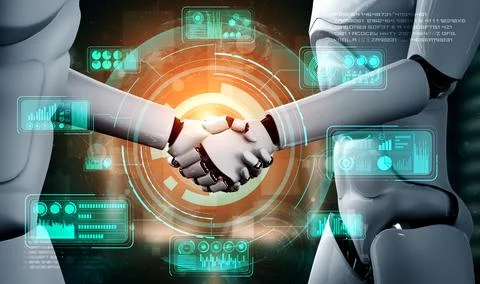 3D rendering humanoid robot handshake to collaborate future technology Stock Illustration