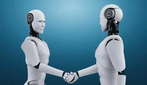 3D rendering humanoid robot handshake to collaborate future technology Stock Illustration