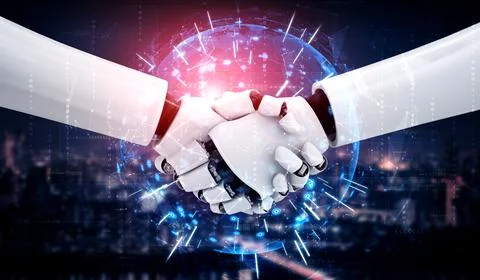 3D rendering humanoid robot handshake to collaborate future technology Stock Illustration