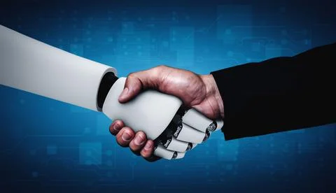 3D rendering humanoid robot handshake to collaborate future technology Stock Illustration