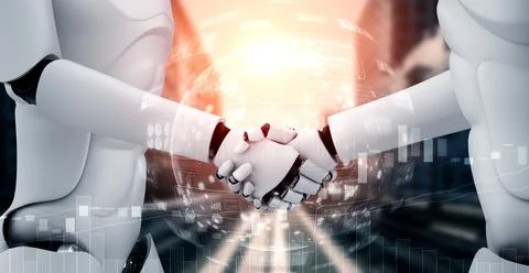 3D rendering humanoid robot handshake with stock market trading chart Stock Illustration