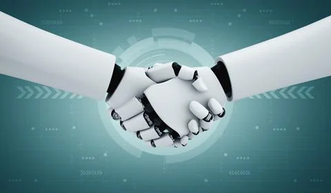 3D rendering humanoid robot handshake to collaborate future technology Stock Illustration