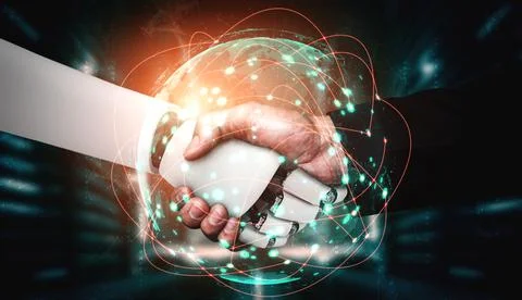 3D rendering humanoid robot handshake to collaborate future technology Stock Illustration