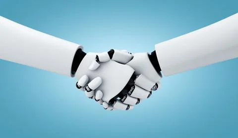 3D rendering humanoid robot handshake to collaborate future technology Stock Illustration