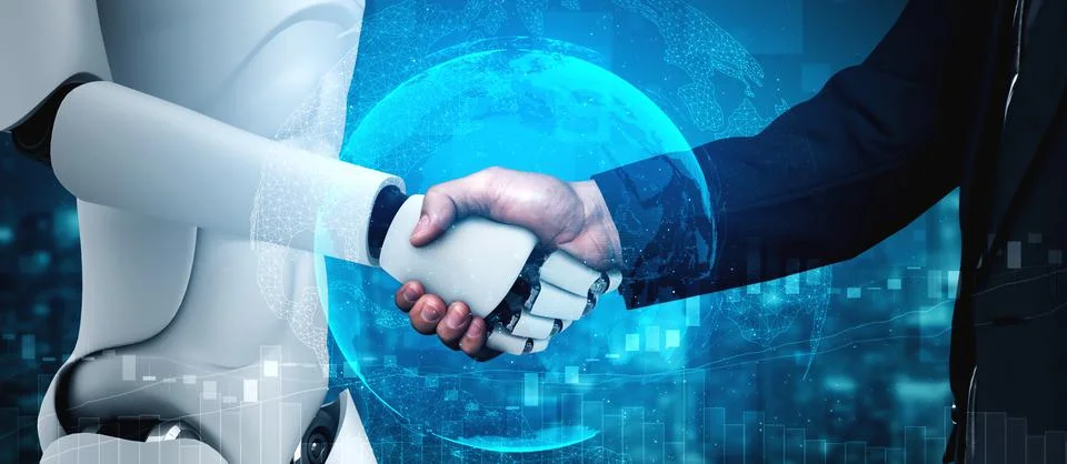 3D rendering humanoid robot handshake to collaborate future technology Stock Illustration
