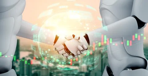 3D rendering humanoid robot handshake with stock market trading chart Illustrazione stock