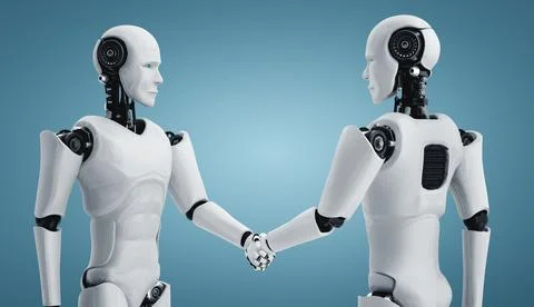 3D rendering humanoid robot handshake to collaborate future technology Stock Illustration