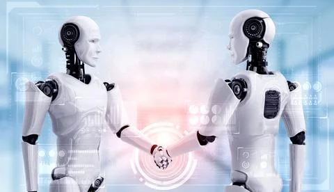 3D rendering humanoid robot handshake to collaborate future technology Stock Illustration