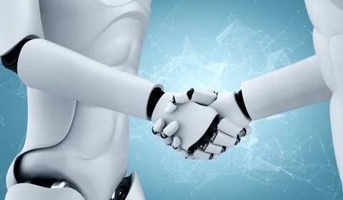 3D rendering humanoid robot handshake to collaborate future technology Stock Illustration