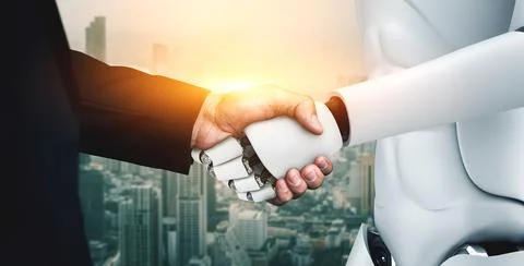 3D rendering humanoid robot handshake to collaborate future technology Stock Illustration