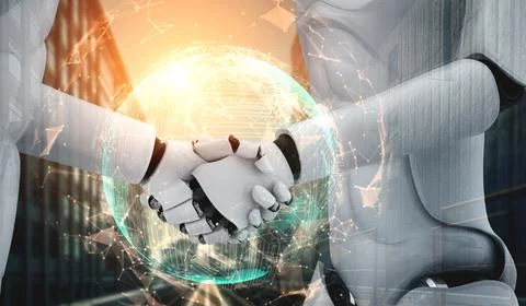 3D rendering humanoid robot handshake to collaborate future technology Stock Illustration