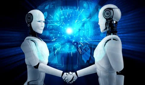 3D rendering humanoid robot handshake to collaborate future technology Stock Illustration