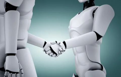 3D rendering humanoid robot handshake to collaborate future technology Stock Illustration