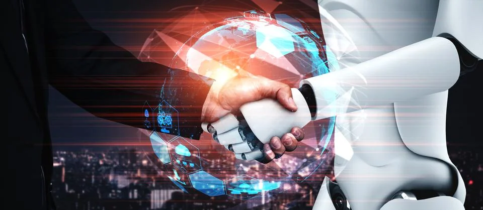 3D rendering humanoid robot handshake to collaborate future technology Stock Illustration