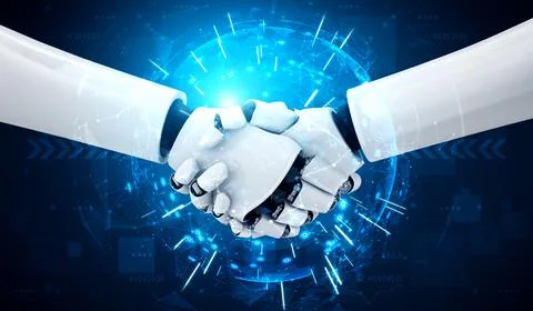 3D rendering humanoid robot handshake to collaborate future technology Stock Illustration