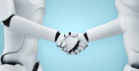 3D rendering humanoid robot handshake to collaborate future technology Stock Illustration