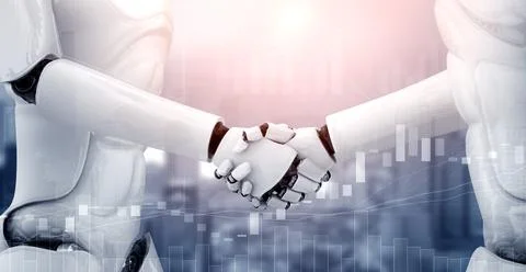 3D rendering humanoid robot handshake to collaborate future technology Stock Illustration