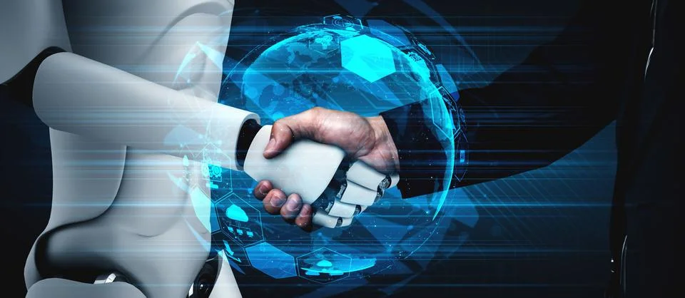 3D rendering of a humanoid robot handshake to collaborate future tech Stock Illustration