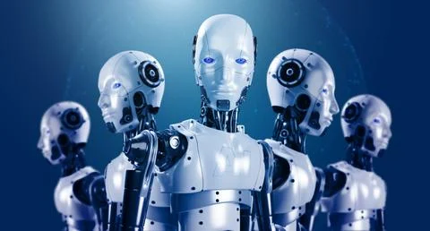 3d rendering of humanoid robot team, robotics army, cyborg machines on blue.. イラスト素材
