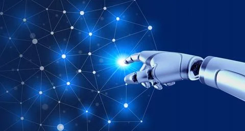 3d rendering humanoid robot's hand touch on digital world, circle polygon n.. 스톡 일러스트