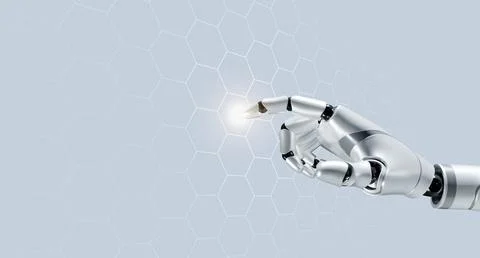 3d rendering humanoid robot's hand touch on digital world, hexagon network,.. Stock Illustration