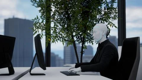 3d rendering humanoid robots working in modern office, future concept Stock-Illustration
