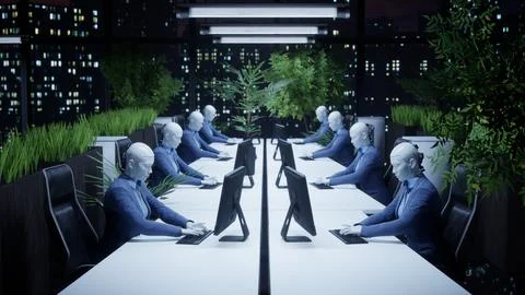 3d rendering humanoid robots working in modern office, future concept Stock-Illustration
