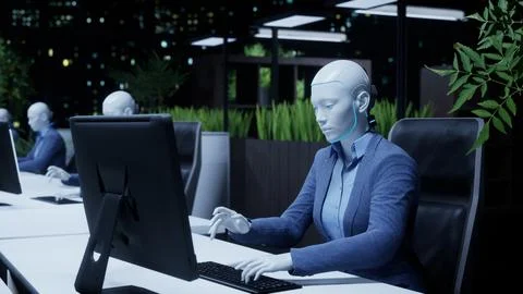 3d rendering humanoid robots working in modern office, future concept 스톡 일러스트