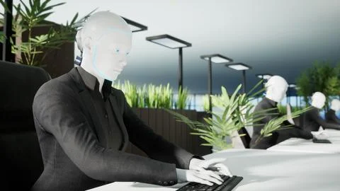 3d rendering humanoid robots working in modern office, future concept Stock-Illustration