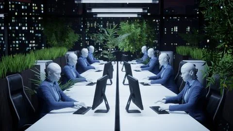 3d rendering humanoid robots working in modern office, future concept Stock-Illustration