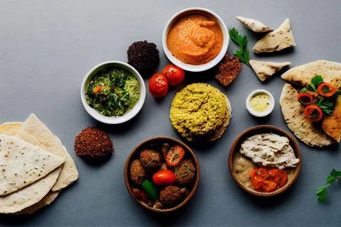 3D rendering of Hummus and falafel plates served with roti bread and vegetables Stock Illustration