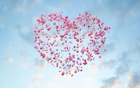 3d rendering of hundreds of hearts floating in a blue sky forming a big hea.. Stock Photos