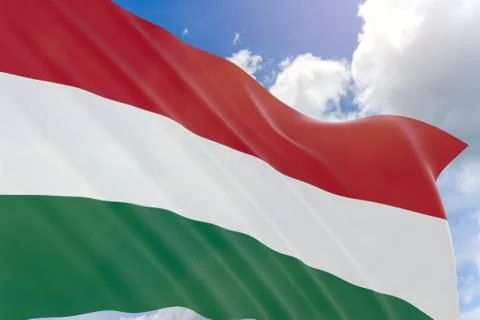 3D rendering of Hungary flag waving on blue sky background Foto stock
