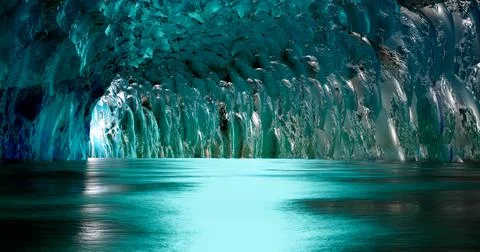 3d rendering. Ice cave entrance. frozen tunnel with icy walls of blue ice. Stock Illustration