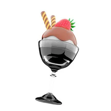 3d rendering ice cream scoop with chocolate topping and strawberries with sticks Stock Illustration