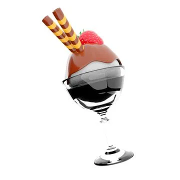 3d rendering ice cream scoop with chocolate topping and strawberries with sticks Stock Illustration