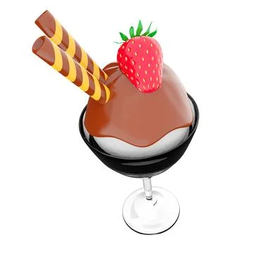 3d rendering ice cream scoop with chocolate topping and strawberries with sticks Stock Illustration