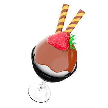 3d rendering ice cream scoop with chocolate topping and strawberries with sticks Stock Illustration