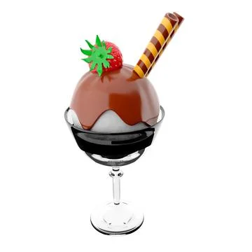 3d rendering ice cream scoop with chocolate topping and strawberries with sticks Stock Illustration