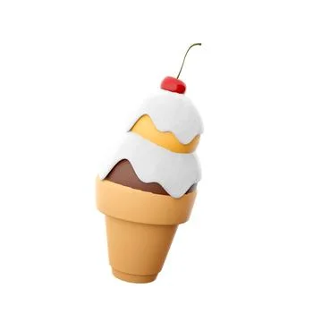 3d rendering ice cream with two balls and a cherry icon. 3d render waffle crust Stock Illustration
