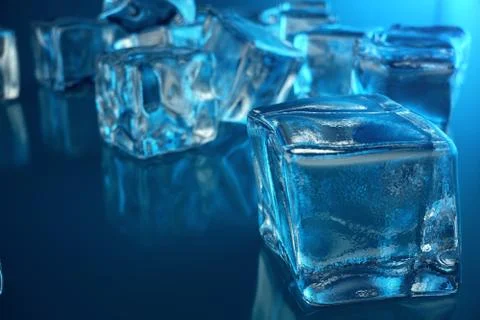 3D rendering ice cube on blue tint background. Frozen water cube Stock Illustration