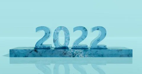 3d rendering. Ice sculpture of the new year 2022 on a rectangular podium on a Stock Illustration