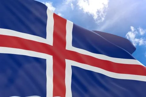 3D rendering of Iceland flag waving on blue sky background Stock Illustration