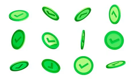 3d rendering icon with check mark in 360 degree rotated in diferent sides. Green Stock Illustration