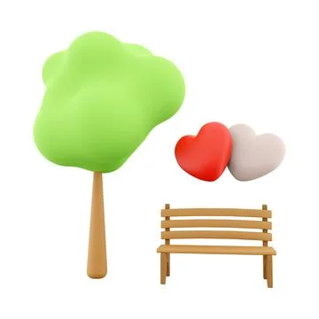 3d rendering icon two loving hearts on a bench near a tree. 3d render Valentine Stock-Illustration