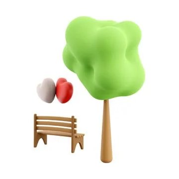 3d rendering icon two loving hearts on a bench near a tree. 3d render Valentine Stock Illustration